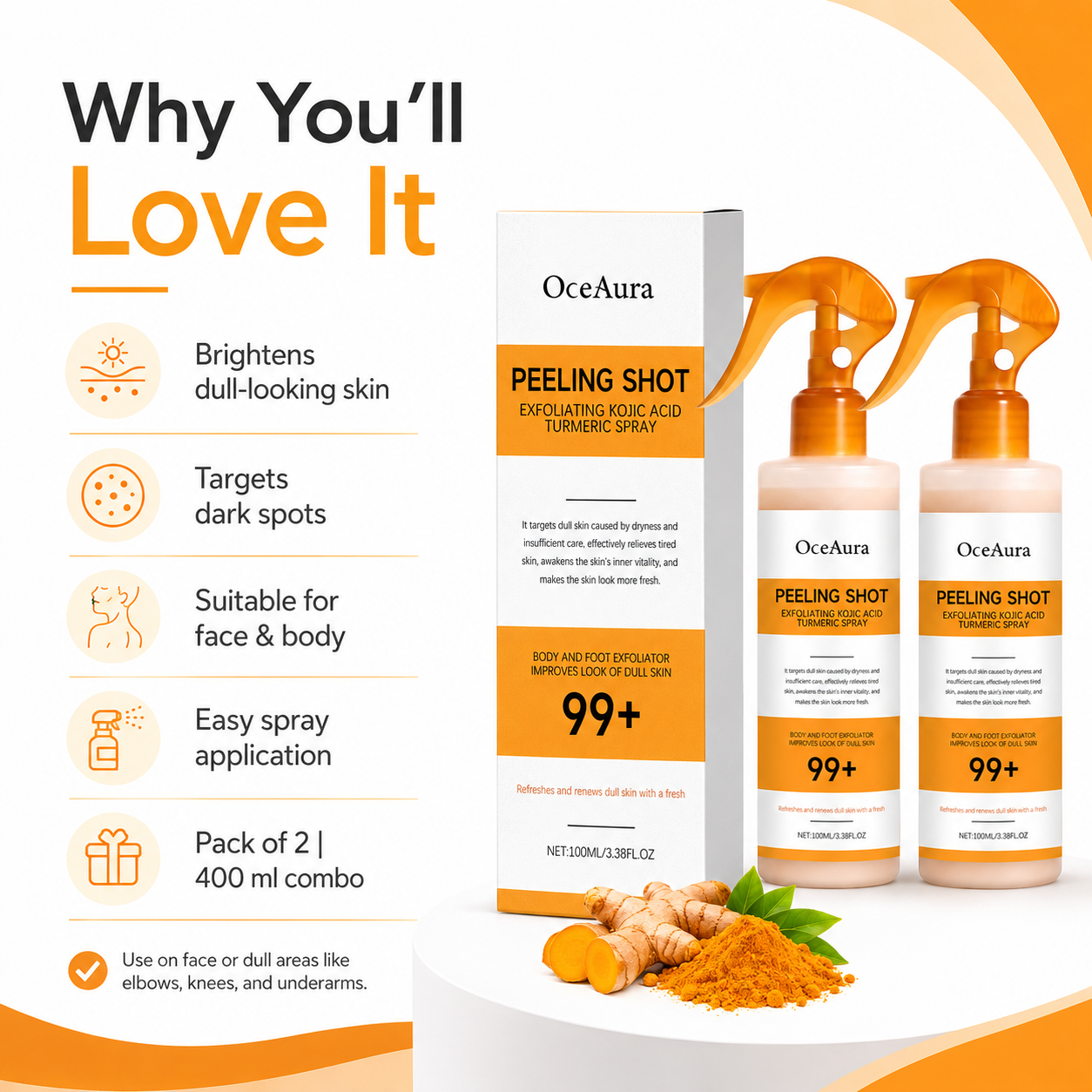 Exfoliating Kojic Acid Turmeric Spray 400ml Pack of 2 | Face & Body Glow Care Spray for Dull-Looking Elbows, Knees & Underarms