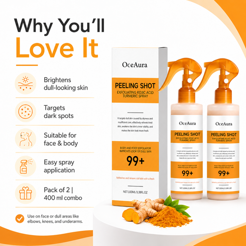 Exfoliating Kojic Acid Turmeric Spray 400ml Pack of 2 | Face & Body Glow Care Spray for Dull-Looking Elbows, Knees & Underarms