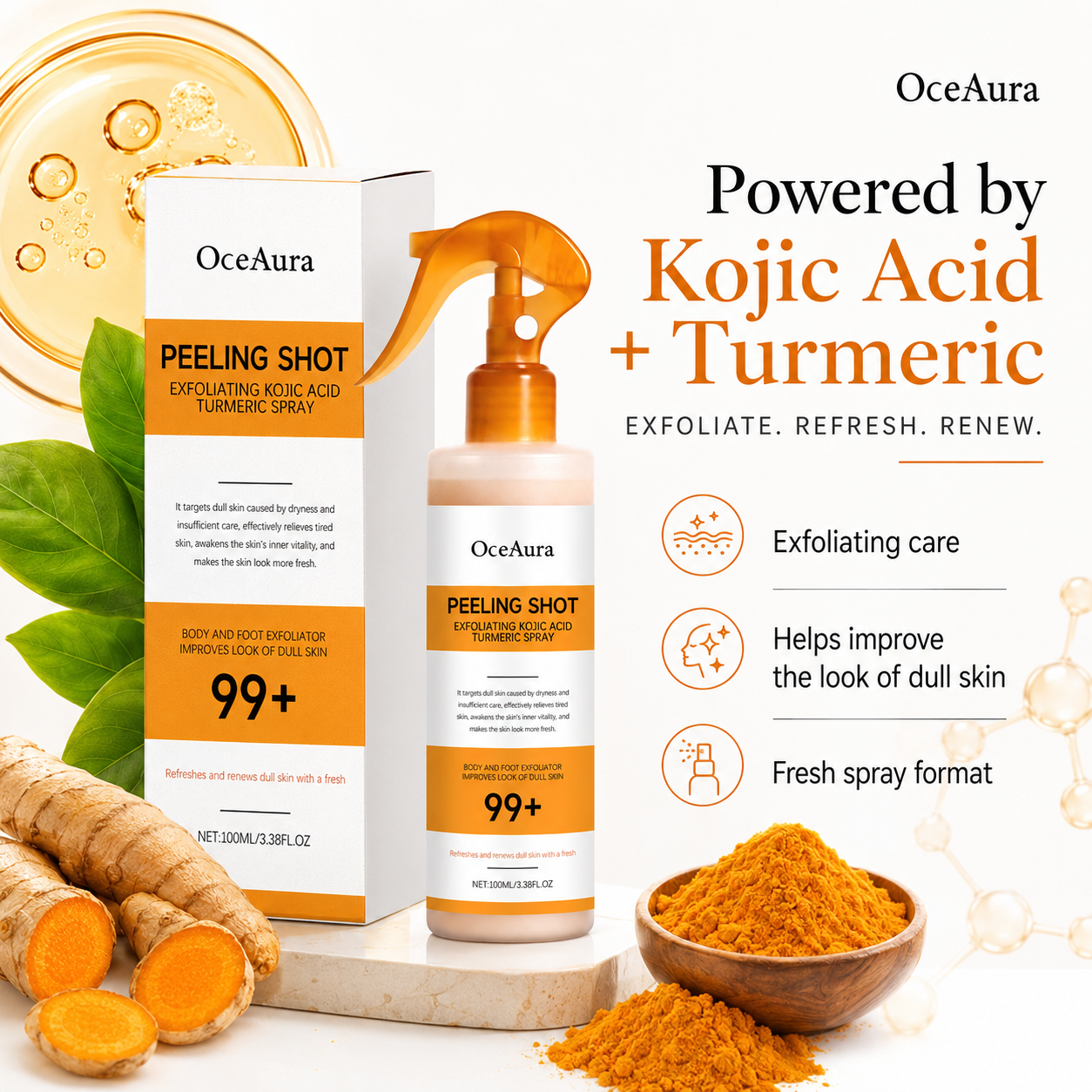 Exfoliating Kojic Acid Turmeric Spray 400ml Pack of 2 | Face & Body Glow Care Spray for Dull-Looking Elbows, Knees & Underarms