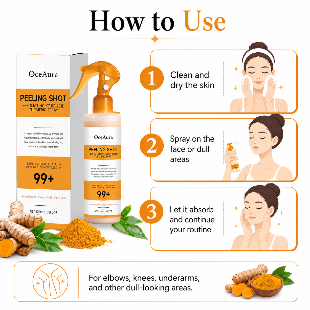 Exfoliating Kojic Acid Turmeric Spray 400ml Pack of 2 | Face & Body Glow Care Spray for Dull-Looking Elbows, Knees & Underarms