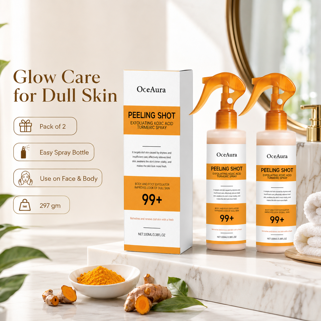 Exfoliating Kojic Acid Turmeric Spray 400ml Pack of 2 | Face & Body Glow Care Spray for Dull-Looking Elbows, Knees & Underarms