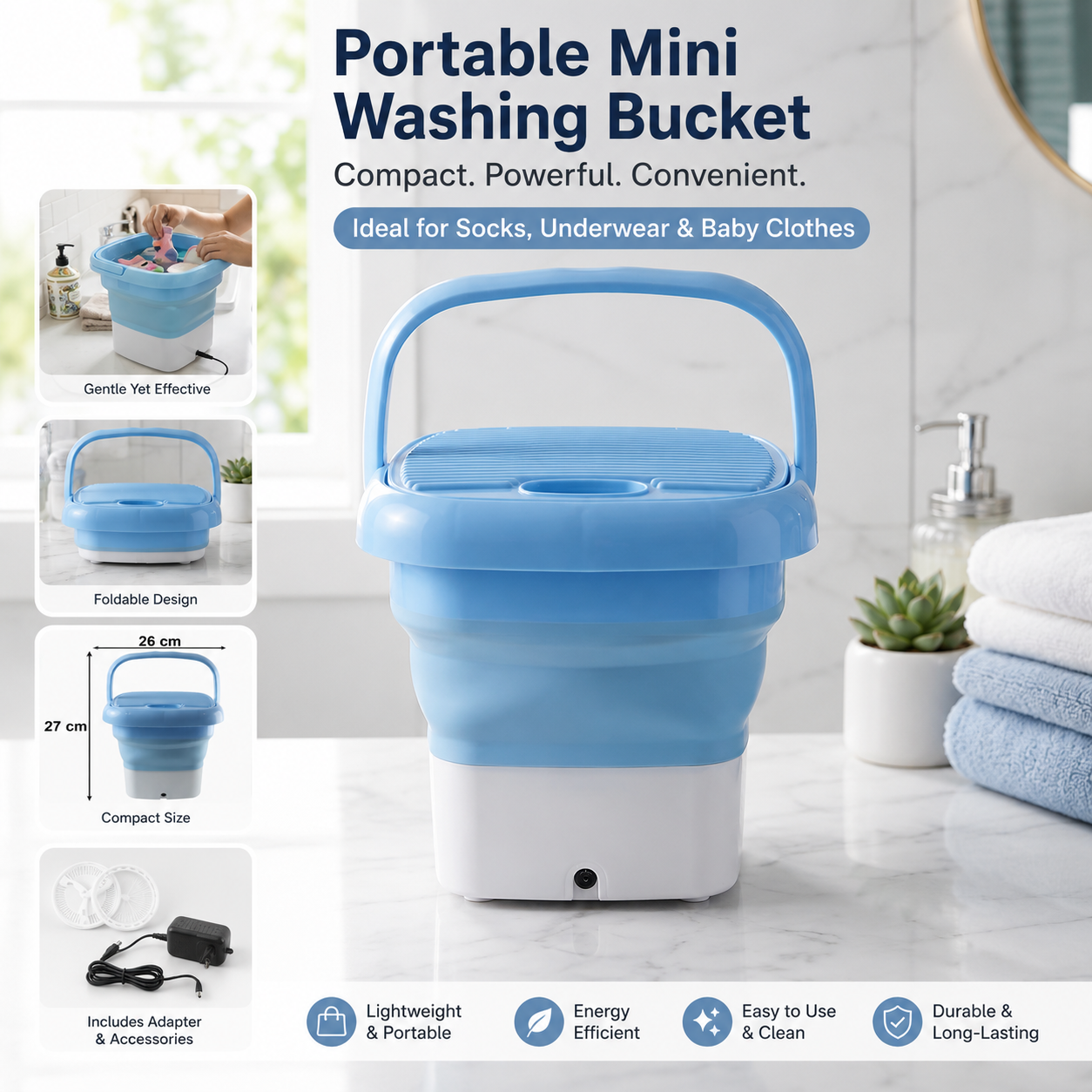 Portable Mini Washing Machine Bucket – Foldable Compact Washer for Socks, Underwear, Baby Clothes & Delicate Laundry | Lightweight Travel Washing Tub with Adapter