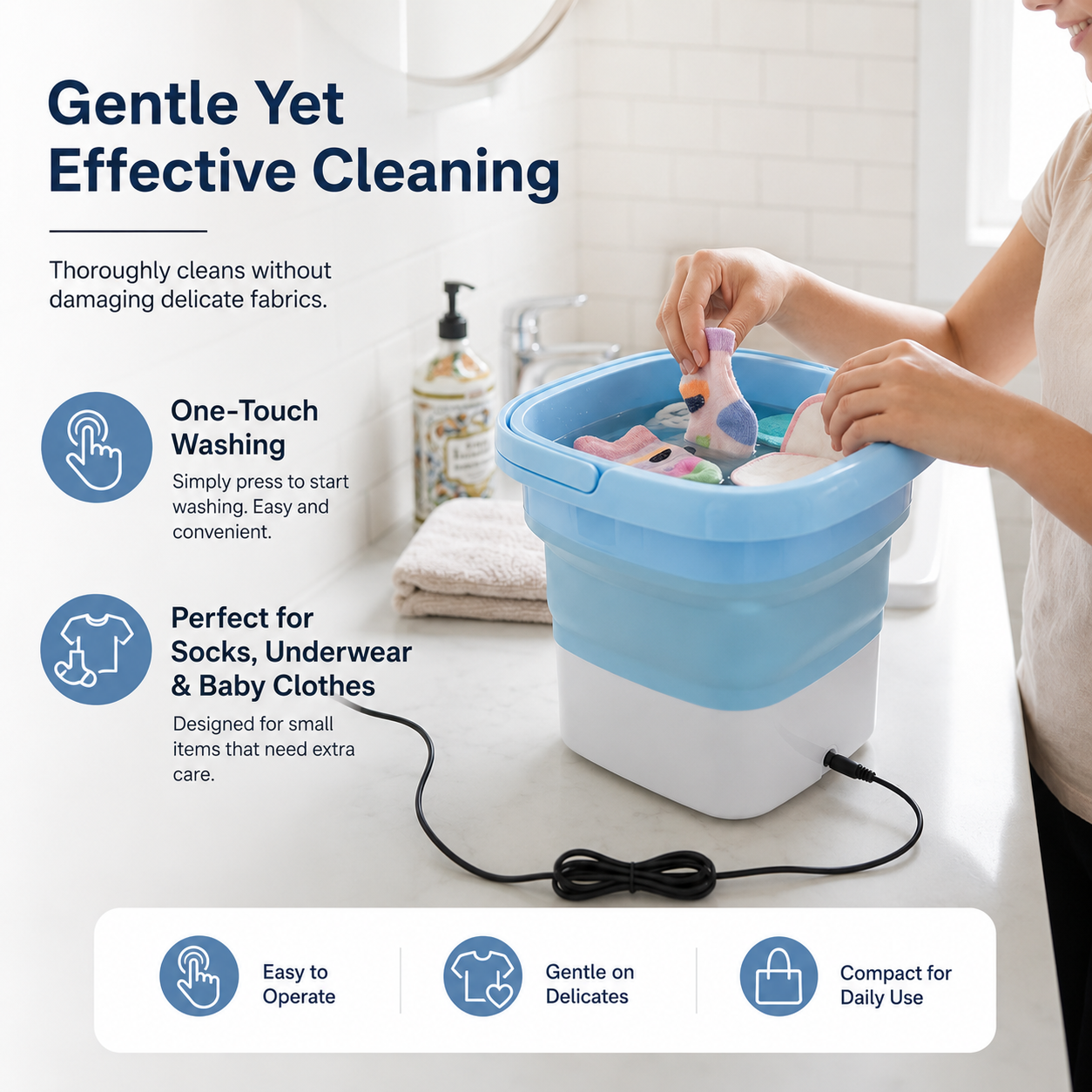 Portable Mini Washing Machine Bucket – Foldable Compact Washer for Socks, Underwear, Baby Clothes & Delicate Laundry | Lightweight Travel Washing Tub with Adapter