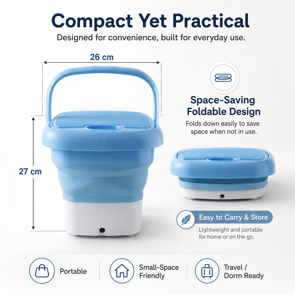 Portable Mini Washing Machine Bucket – Foldable Compact Washer for Socks, Underwear, Baby Clothes & Delicate Laundry | Lightweight Travel Washing Tub with Adapter
