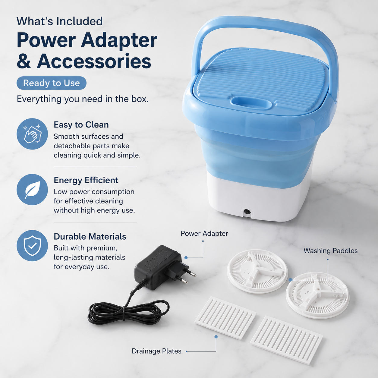 Portable Mini Washing Machine Bucket – Foldable Compact Washer for Socks, Underwear, Baby Clothes & Delicate Laundry | Lightweight Travel Washing Tub with Adapter