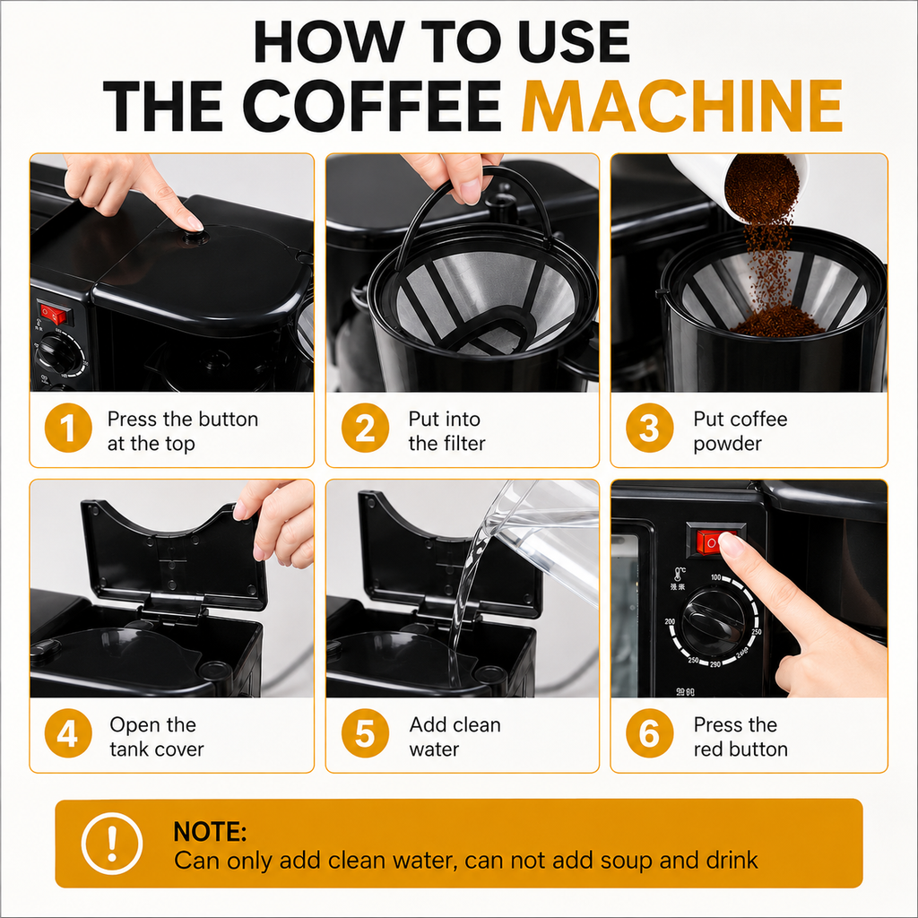 3-in-1 Breakfast Maker with Coffee Maker, Toaster Oven & Grill Pan | Portable All-in-One Breakfast Station