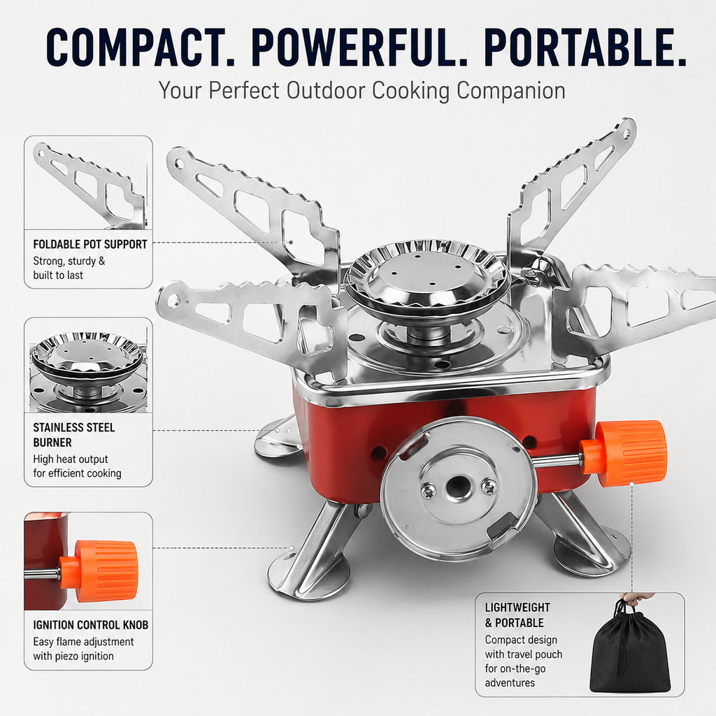 Portable Mini Camping Gas Stove – Foldable Outdoor Cooking Burner for Travel, “Travel Light. Cook Anywhere.”